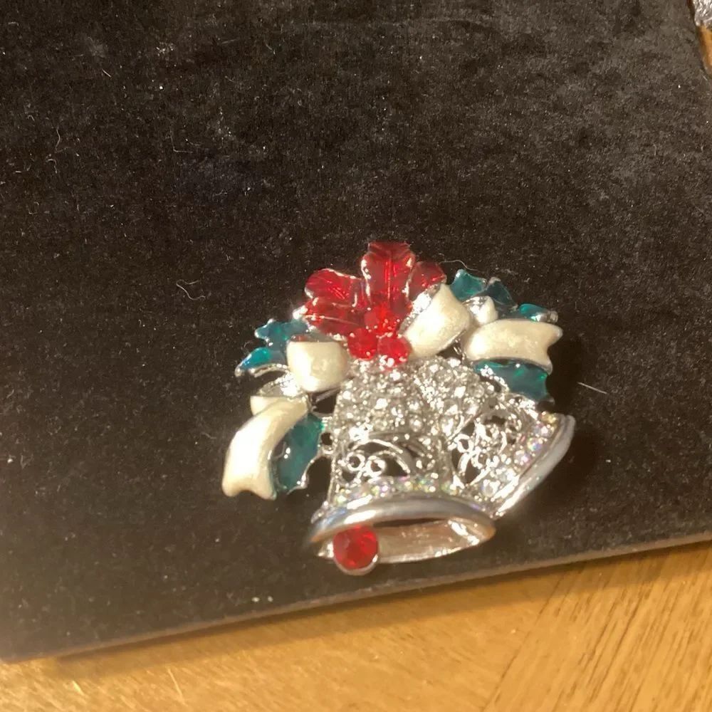 Silvertone Crystal and Enamel Holiday Bells Brooch